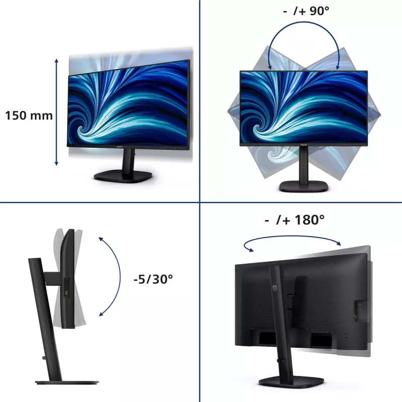 Monitors Philips 24B2U3601 23,8 collas (60,5 cm) IPS Quad HD 2560x1440, USB 3.2 centrmezgls, USB-C, skaļruņi, augstuma regulēšana, VESA, melns