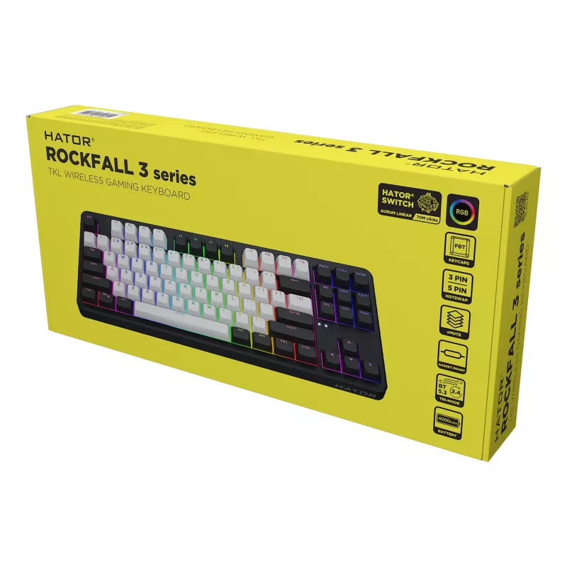 HATOR Rockfall 3 TKL Wireless, melna, QMK/VIA, OMA profila balta-melna taustiņu vāciņi Tastatūra - lineāri mehāniski hotswap slēdži - US - ANSI izkārtojums (HTK850)