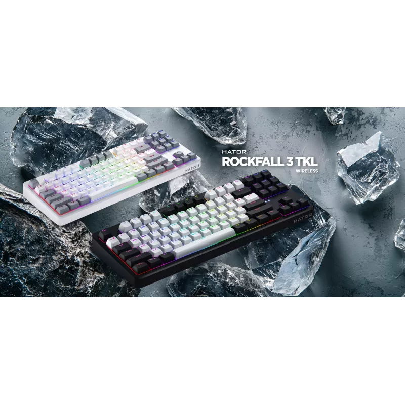 HATOR Rockfall 3 TKL Wireless, melna, QMK/VIA, OMA profila balta-melna taustiņu vāciņi Tastatūra - lineāri mehāniski hotswap slēdži - US - ANSI izkārtojums (HTK850)