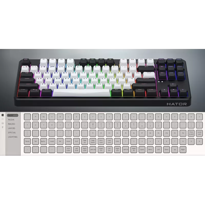 HATOR Rockfall 3 TKL Wireless, melna, QMK/VIA, OMA profila balta-melna taustiņu vāciņi Tastatūra - lineāri mehāniski hotswap slēdži - US - ANSI izkārtojums (HTK850)
