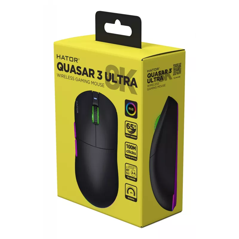 HATOR Quasar 3 Ultra 8K Wireless pele Spēlēm Piemērota abām rokām RF Bezvadu + Bluetooth + USB Type-A Optiskais 30000 DPI