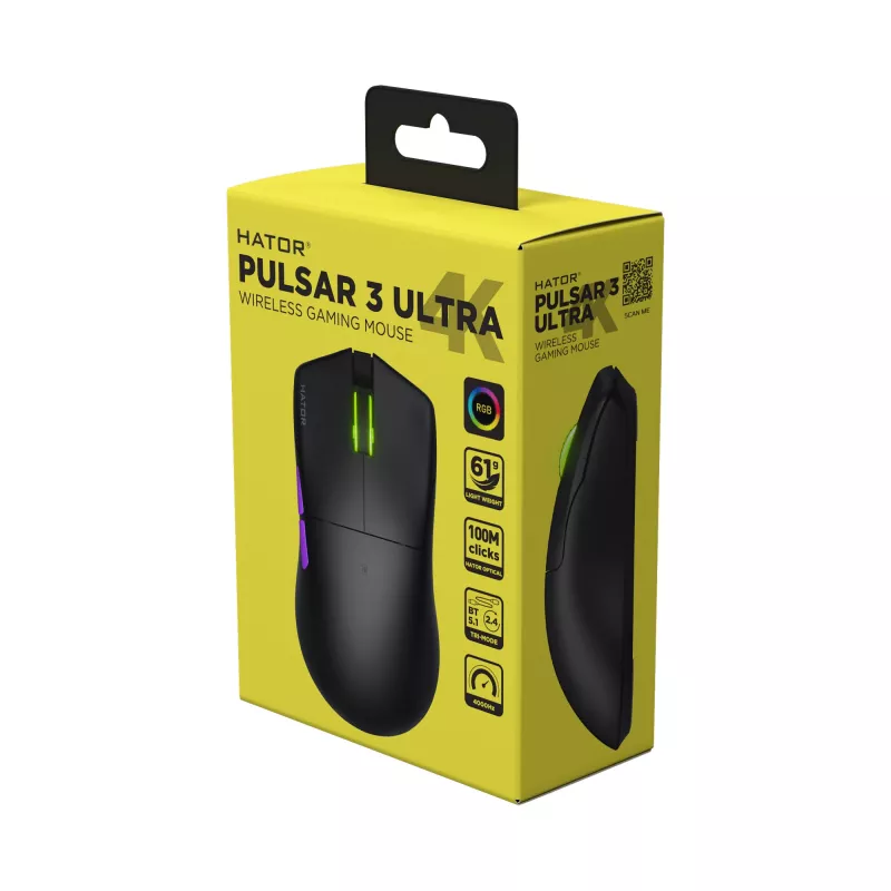 HATOR Pulsar 3 ULTRA 4K Wireless pele Spēlēm Labās rokas RF Wireless + Bluetooth + USB Type-A Optiskā 30000 DPI