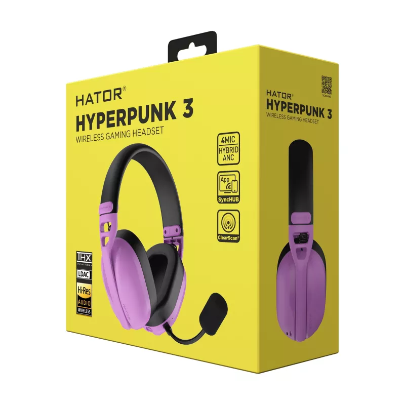 HATOR Hyperpunk 3 Wireless austiņu komplekts ar vadu un bezvadu savienojumu, galvas lentes tips, spēlēm, USB Type-C / USB Type-A, Bluetooth, violets