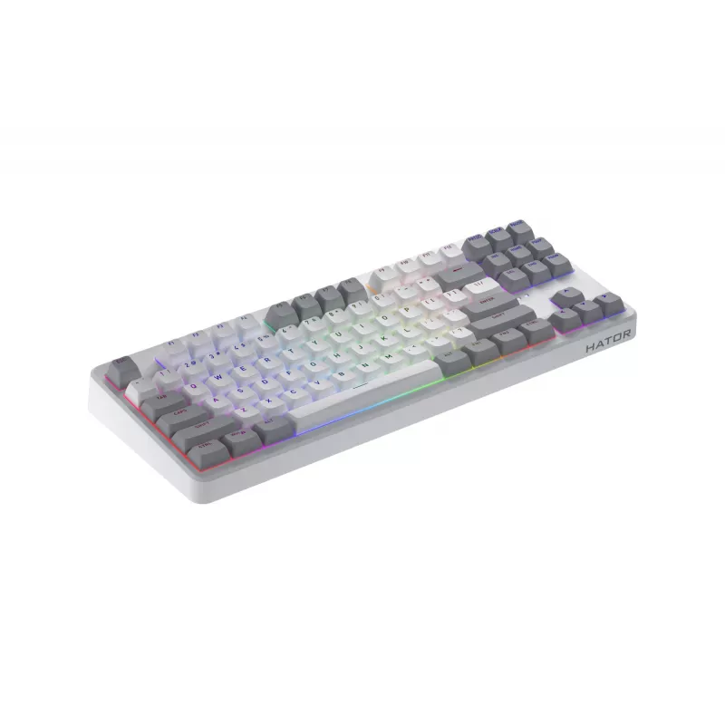 HATOR Rockfall 3 TKL Wireless, balta, QMK/VIA, OMA profila balti-melni taustiņu vāciņi Tastatūra - lineāri mehāniskie hotswap slēdži - US - ANSI izkārtojums