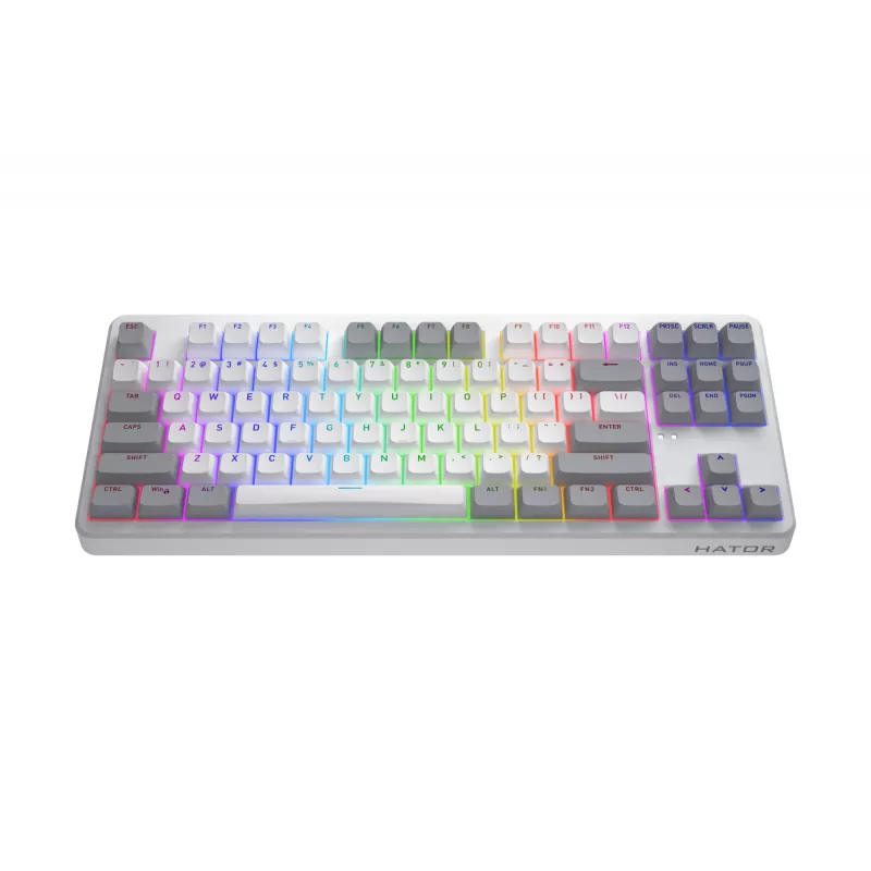 HATOR Rockfall 3 TKL Wireless, balta, QMK/VIA, OMA profila balti-melni taustiņu vāciņi Tastatūra - lineāri mehāniskie hotswap slēdži - US - ANSI izkārtojums