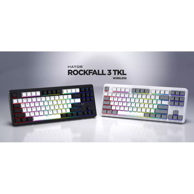 HATOR Rockfall 3 TKL Wireless, balta, QMK/VIA, OMA profila balti-melni taustiņu vāciņi Tastatūra - lineāri mehāniskie hotswap slēdži - US - ANSI izkārtojums