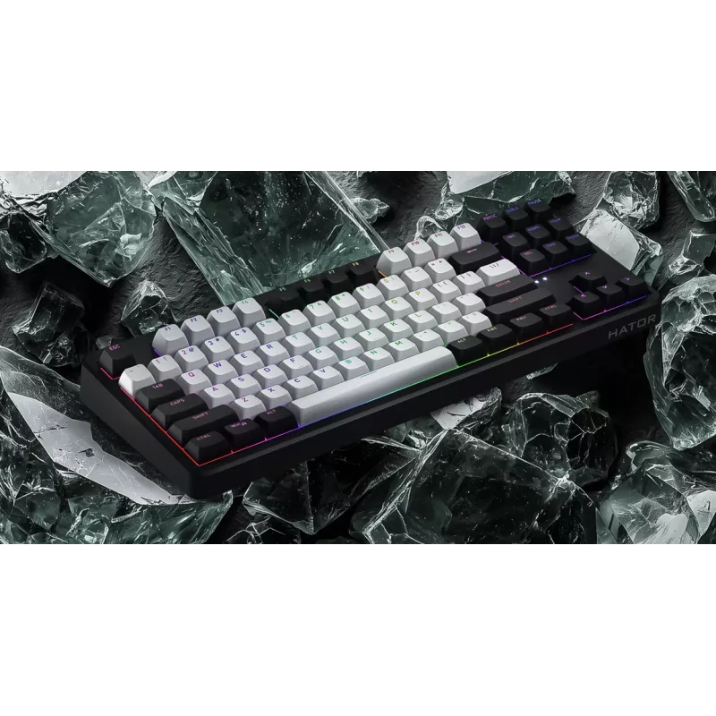 HATOR Rockfall 3 TKL Wireless, balta, QMK/VIA, OMA profila balti-melni taustiņu vāciņi Tastatūra - lineāri mehāniskie hotswap slēdži - US - ANSI izkārtojums