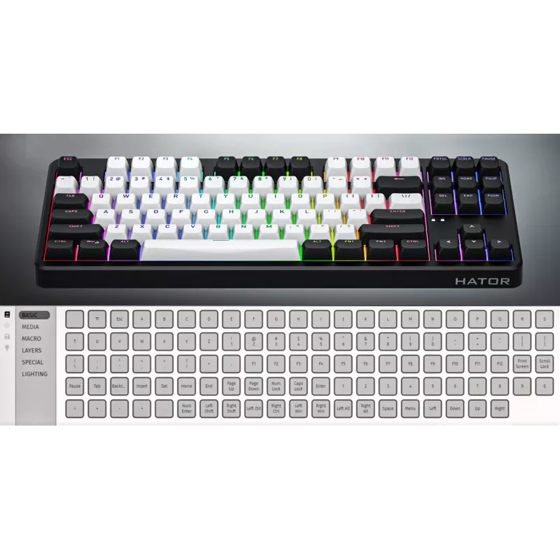 HATOR Rockfall 3 TKL Wireless, balta, QMK/VIA, OMA profila balti-melni taustiņu vāciņi Tastatūra - lineāri mehāniskie hotswap slēdži - US - ANSI izkārtojums