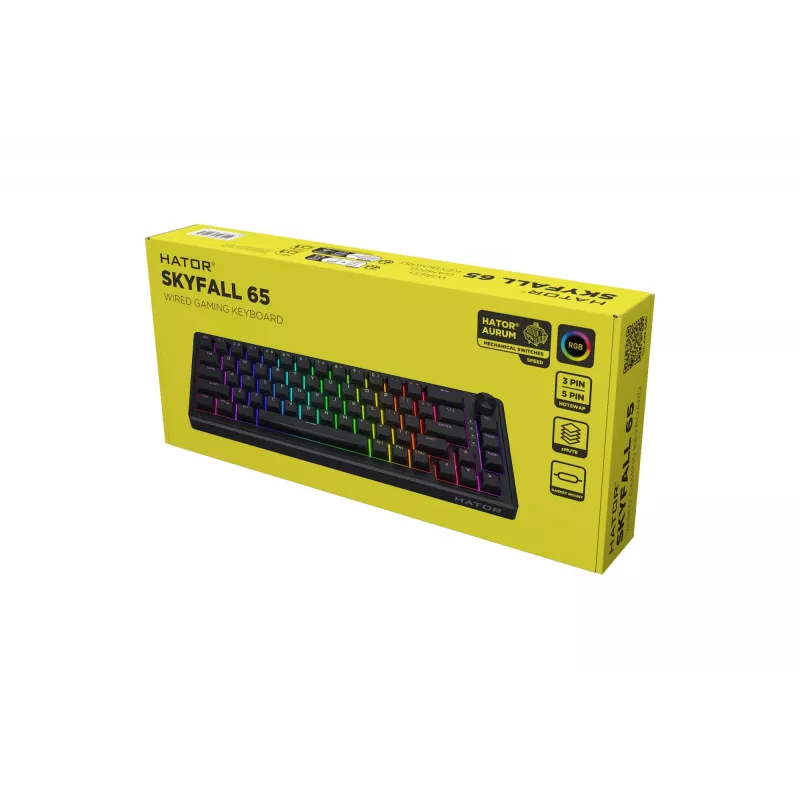 HATOR Skyfall 65 vadu, mehāniska, USB-C, Aurum Sterling, 70M klikšķi, RGB, melna, 790 g