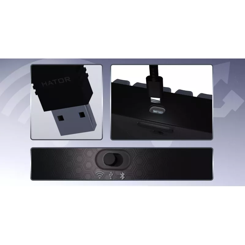 HATOR Skyfall Pro Wireless 65 tastatūra Spēlēm USB + RF Wireless + Bluetooth QWERTY US angļu Melna, Pelēka