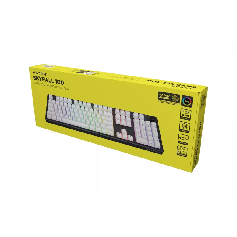 HATOR Skyfall Wireless 100 tastatūra Spēlēm USB + RF Wireless + Bluetooth QWERTY US angļu Melna, Balta
