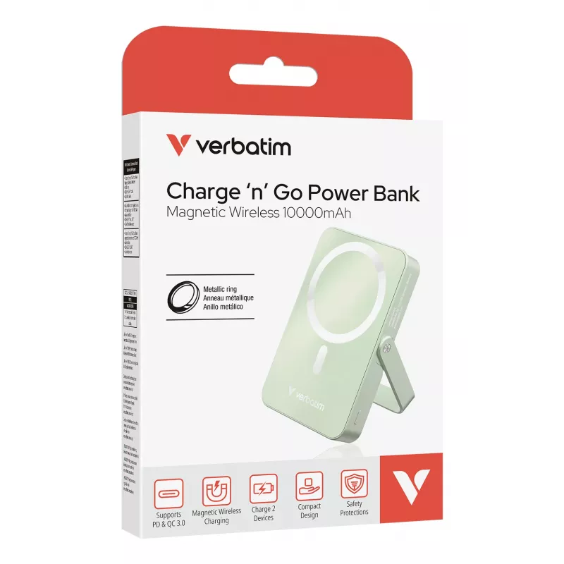 Verbatim Charge 'n' Go Magnētiskais bezvadu ārējais akumulators ar statīvu - 10000 mAh Zaļš