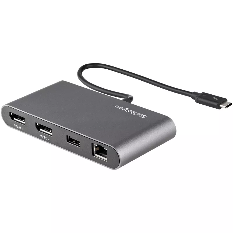 StarTech.com Dual-Monitor Thunderbolt Mini Dock, 4K 60Hz DisplayPort, bezvadu centrmezgls operētājsistēmām Windows un Mac, Gigabit Ethernet, 1x USB-A (USB 5Gbps), 11 collu (28 cm) kabelis