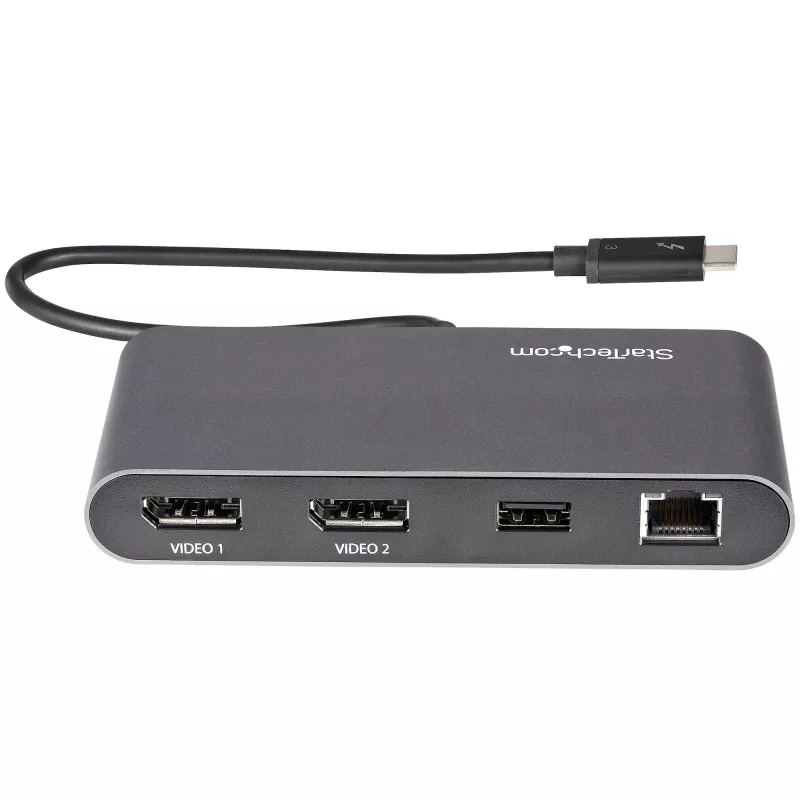 StarTech.com Dual-Monitor Thunderbolt Mini Dock, 4K 60Hz DisplayPort, bezvadu centrmezgls operētājsistēmām Windows un Mac, Gigabit Ethernet, 1x USB-A (USB 5Gbps), 11 collu (28 cm) kabelis