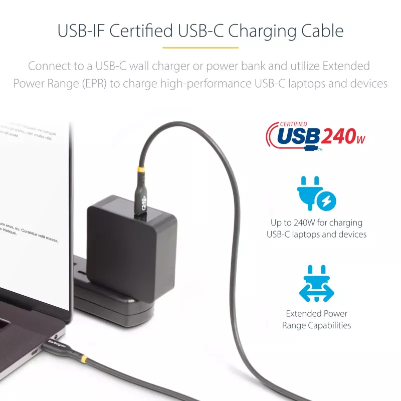 StarTech.com 3m USB-C uzlādes kabelis, USB-IF sertificēts USB C kabelis, 240W PD EPR, USB 2.0 Type-C klēpjdatoru lādētāja vads, USB-C datu pārraides kabelis, TPE apvalks, M/M