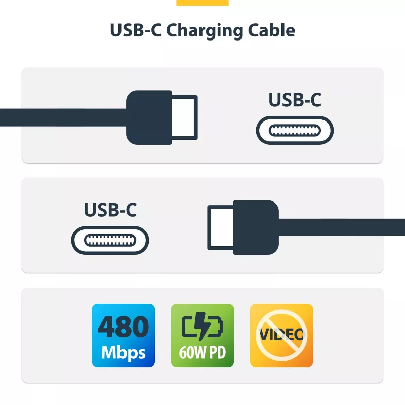 StarTech.com 1 m (3,3 pēdu) USB-C uzlādes kabelis, 2 gab. iepakojumā, USB C kabelis, USB 2.0 Type-C klēpjdatora lādētāja vads, 60 W 3 A strāvas padeve, TPE apvalks, USB-C datu pārsūtīšanas kabelis, M/M