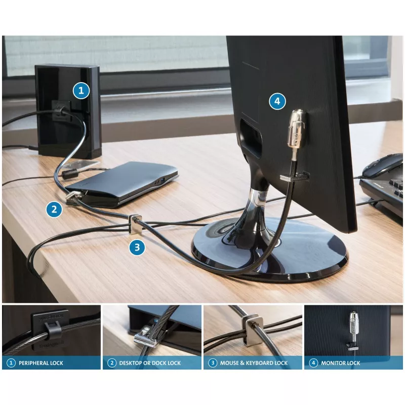 Kensington Desktop & Peripherals Locking Kit 2.0, 2,44 m, Kensington, Atslēga, Oglekļa tērauds, Melna, Sudraba