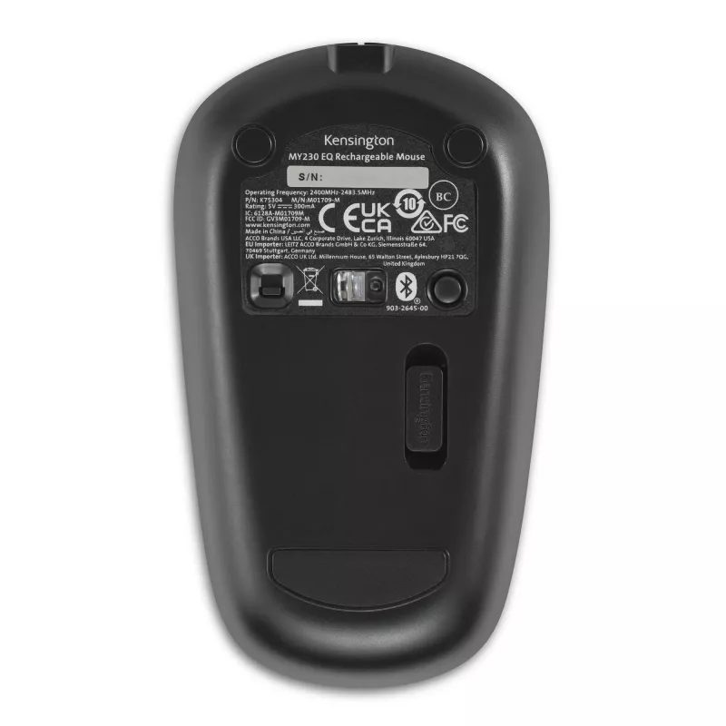 Kensington MY230 EQ uzlādējamā pele – bezvadu – vidēja izmēra, piemērota abām rokām, RF bezvadu + Bluetooth, 1200 DPI, melna