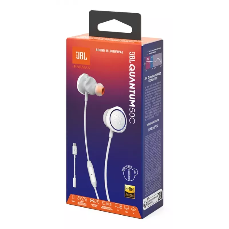 JBL Quantum 50C austiņas ar vadu, ievietojamās, spēlēm, baltas