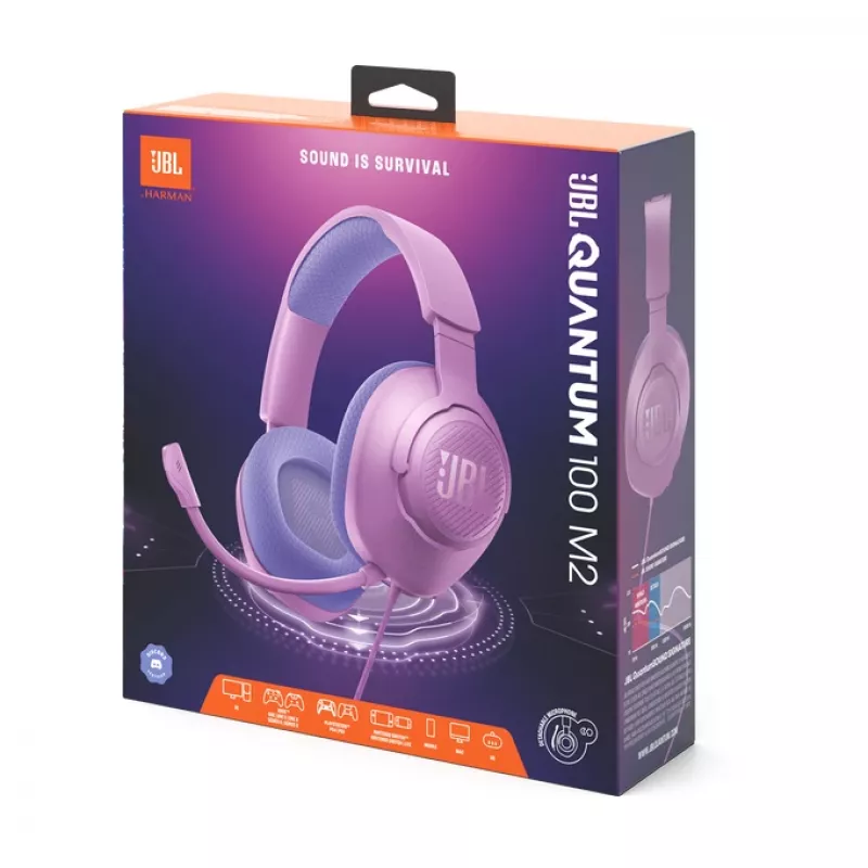 Vadu galvas lentes spēļu austiņas JBL Quantum 100M2 — apkārtauss, 20–20000 Hz, 1,2 m kabelis, violetas