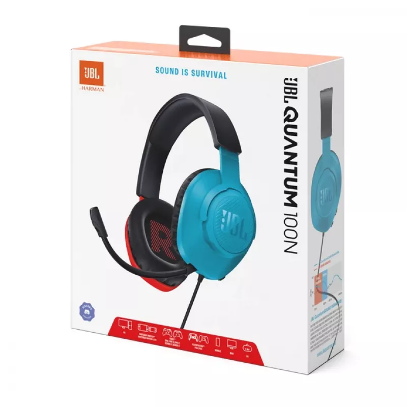 JBL Quantum 100N austiņas, vadu, galvas stīpa, spēlēm, zila, sarkana