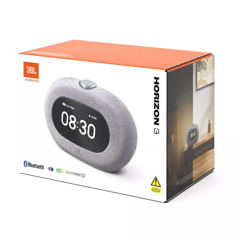 Pulksteņa radio JBL Horizon-3 — DAB/DAB+/FM, 5 W RMS, LCD displejs, 65–20000 Hz, Rotējoša skaļuma regulēšana, Pelēks