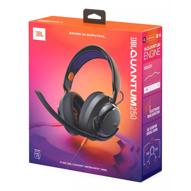 JBL Quantum 250 austiņas ar vadu, galvas lentes tipa, spēlēm, melnas