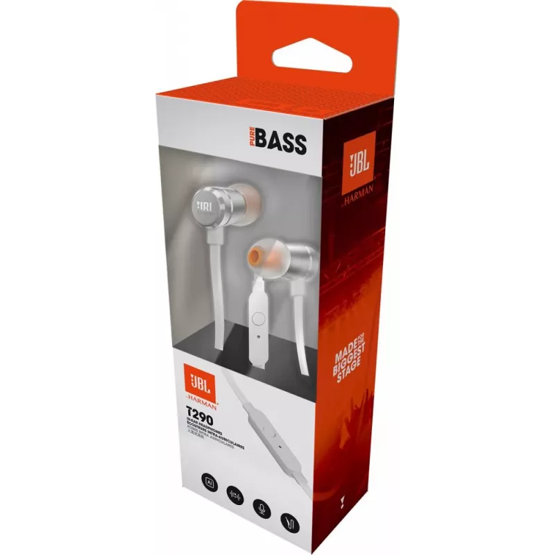 JBL T290 austiņas ar vadu Ievietojamās zvaniem/mūzikai sudraba krāsā