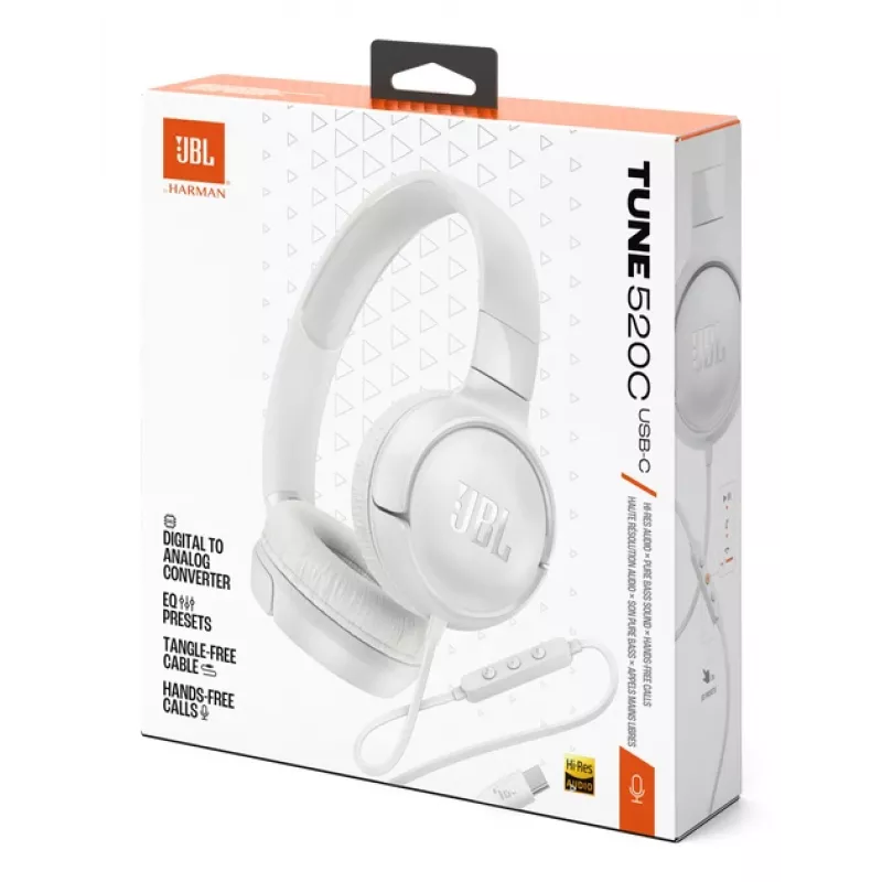 JBL Tune 520C USB-C austiņas ar vadu, galvas lentes tipa, zvaniem/mūzikai, USB Type-C, baltas