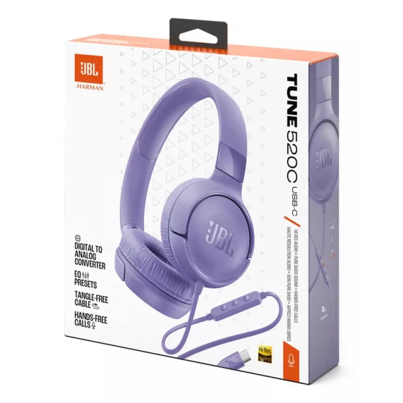 JBL Tune 520C USB-C austiņas ar vadu, galvas lentes tipa, zvaniem/mūzikai, USB Type-C, ceriņkrāsas