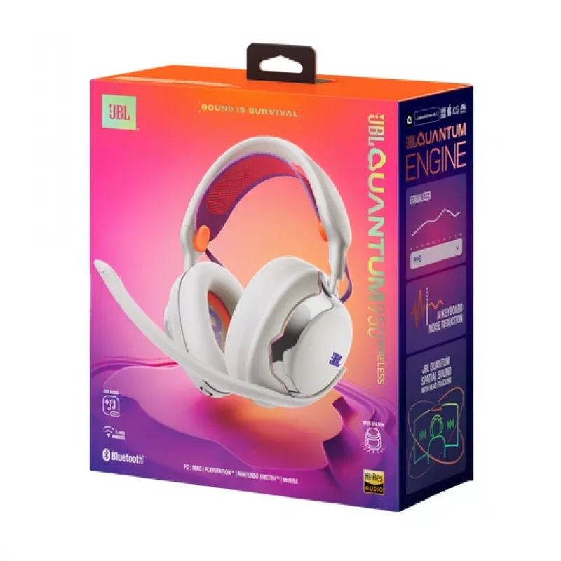 JBL Quantum 950 austiņas Bezvadu Galvas stīpa Spēlēm USB Type-C Bluetooth Uzlādes statīvs Oranža, Sudraba, Balta