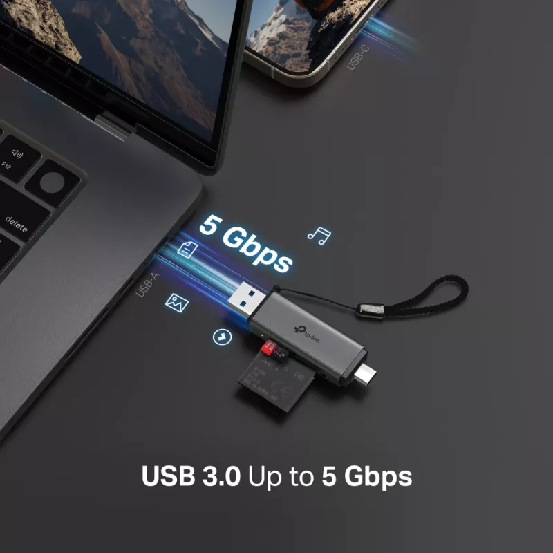 Karšu lasītājs TP‑LINK UA430D USB 3.1 — MicroSD/SD atbalsts, 200 Mbit/s, melns, 75×22,9×9,3 mm