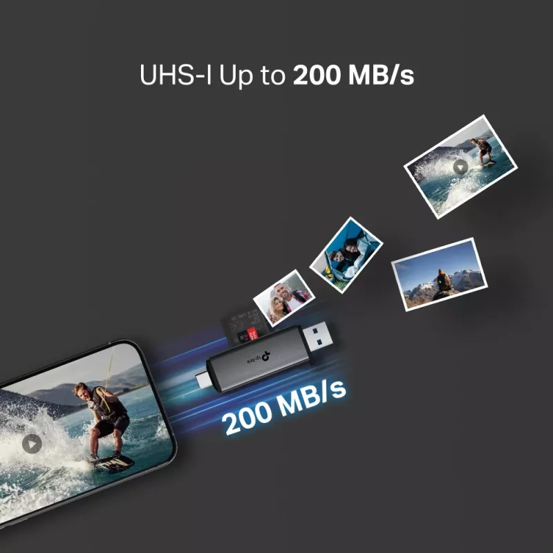Karšu lasītājs TP‑LINK UA430D USB 3.1 — MicroSD/SD atbalsts, 200 Mbit/s, melns, 75×22,9×9,3 mm