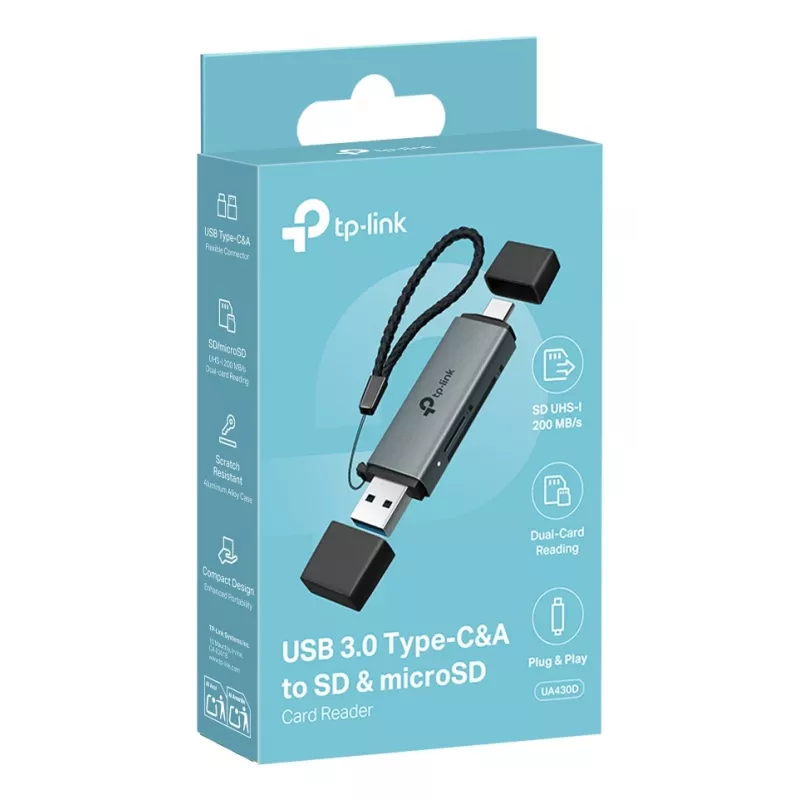Karšu lasītājs TP‑LINK UA430D USB 3.1 — MicroSD/SD atbalsts, 200 Mbit/s, melns, 75×22,9×9,3 mm