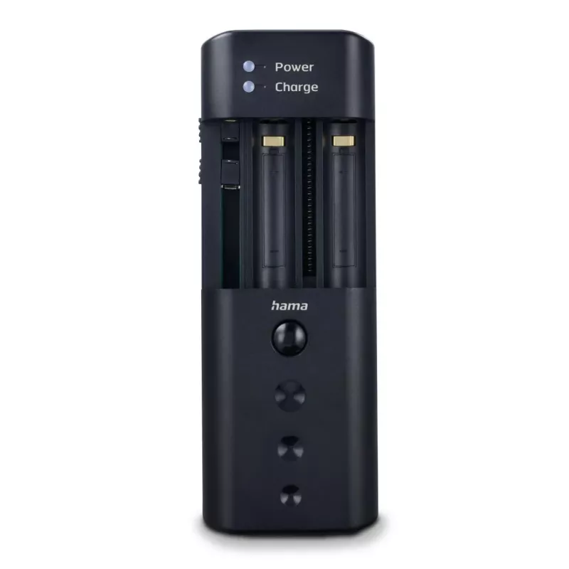 Bateriju lādētājs HAMA 00081390 digitālo kameru baterijām — USB, saderīgs ar Li‑Ion un NiMH, 5 V ieeja