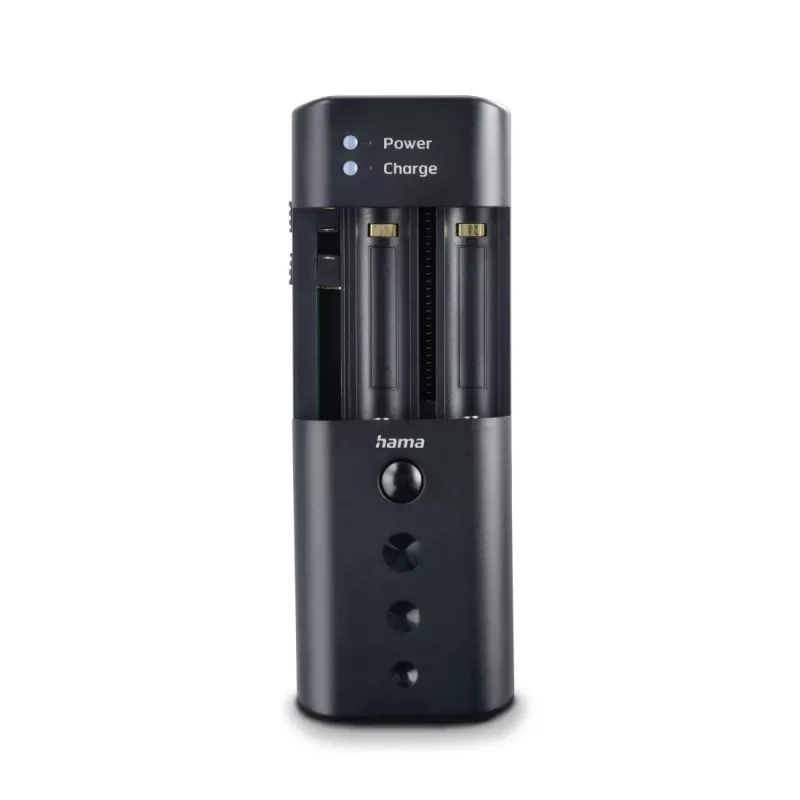 Bateriju lādētājs HAMA 00081390 digitālo kameru baterijām — USB, saderīgs ar Li‑Ion un NiMH, 5 V ieeja