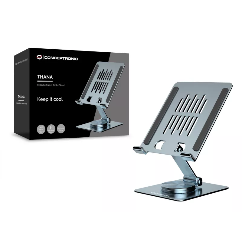 Multivides planšetdatora statīvs CONCEPTRONIC THANA09G — salokāms grozāms statīvs, 360° rotējoša pamatne, regulējams augstums, pelēks, 150×110×40 mm