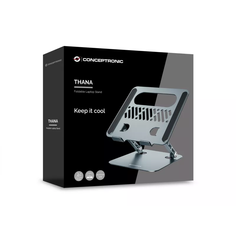 Klēpjdatora statīvs CONCEPTRONIC THANA10G — salokāms alumīnija, regulējams augstums, pelēks, 240×220×50 mm