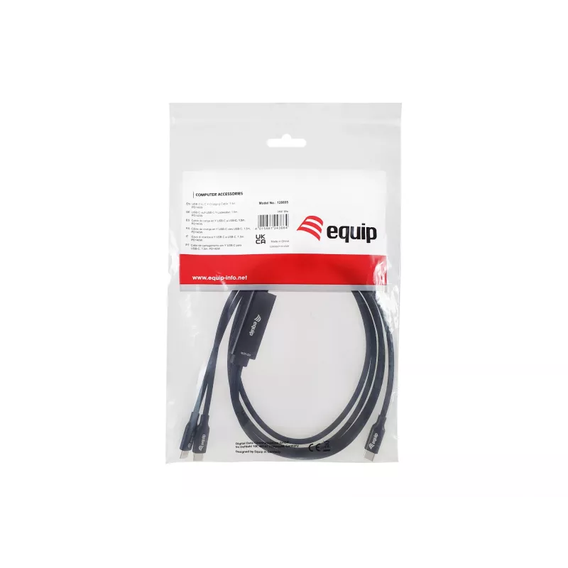 USB-C uz 2x USB-C Y-uzlādes kabelis EQUIP 1.5m PD 140W, USB 2.0, melns