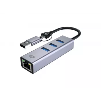 USB-C uz Gigabit Ethernet tīkla adapteris ar 3 portu USB centrmezglu CONCEPTRONIC ABBY25G — USB 3.2 Gen 1, 1 Gbps Ethernet, 3x USB-A, alumīnijs, pelēks