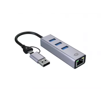 USB-C uz Gigabit Ethernet tīkla adapteris ar 3 portu USB centrmezglu CONCEPTRONIC ABBY25G — USB 3.2 Gen 1, 1 Gbps Ethernet, 3x USB-A, alumīnijs, pelēks