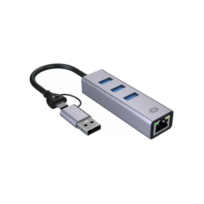 USB-C uz Gigabit Ethernet tīkla adapteris ar 3 portu USB centrmezglu CONCEPTRONIC ABBY25G — USB 3.2 Gen 1, 1 Gbps Ethernet, 3x USB-A, alumīnijs, pelēks