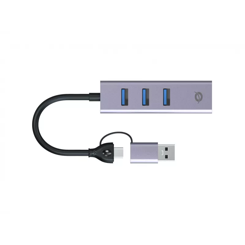 USB-C uz Gigabit Ethernet tīkla adapteris ar 3 portu USB centrmezglu CONCEPTRONIC ABBY25G — USB 3.2 Gen 1, 1 Gbps Ethernet, 3x USB-A, alumīnijs, pelēks