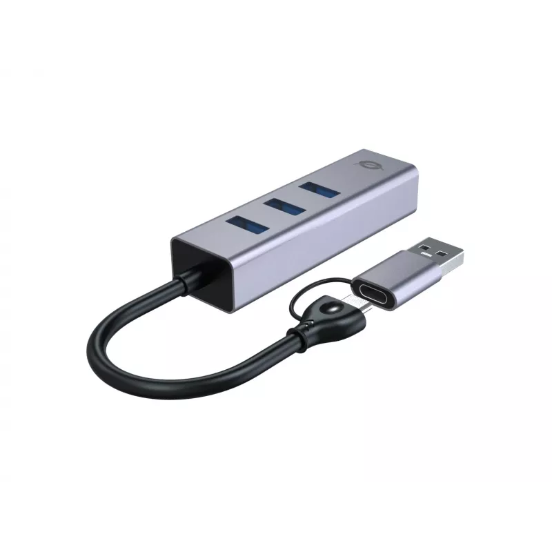 USB-C uz Gigabit Ethernet tīkla adapteris ar 3 portu USB centrmezglu CONCEPTRONIC ABBY25G — USB 3.2 Gen 1, 1 Gbps Ethernet, 3x USB-A, alumīnijs, pelēks