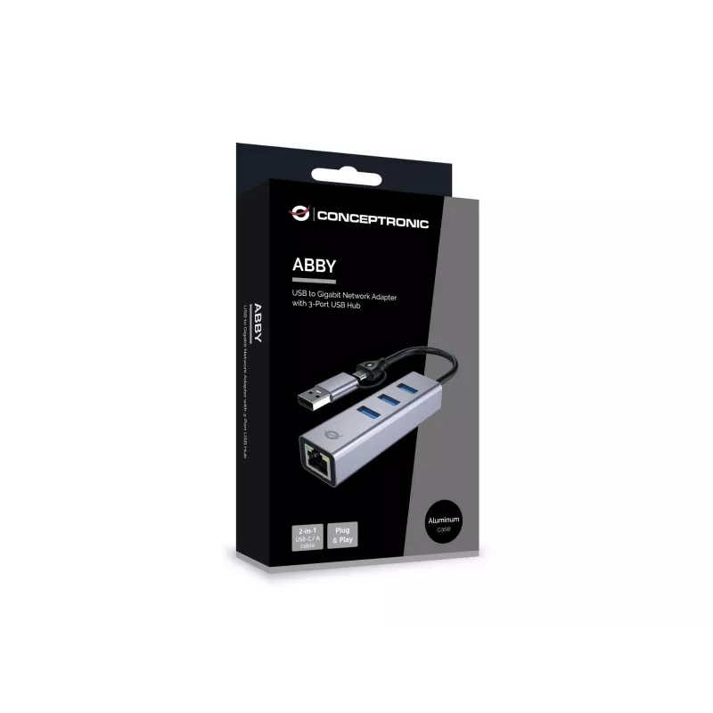 USB-C uz Gigabit Ethernet tīkla adapteris ar 3 portu USB centrmezglu CONCEPTRONIC ABBY25G — USB 3.2 Gen 1, 1 Gbps Ethernet, 3x USB-A, alumīnijs, pelēks