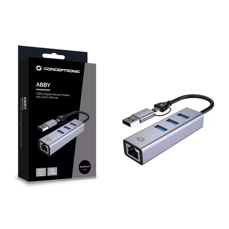 USB-C uz Gigabit Ethernet tīkla adapteris ar 3 portu USB centrmezglu CONCEPTRONIC ABBY25G — USB 3.2 Gen 1, 1 Gbps Ethernet, 3x USB-A, alumīnijs, pelēks