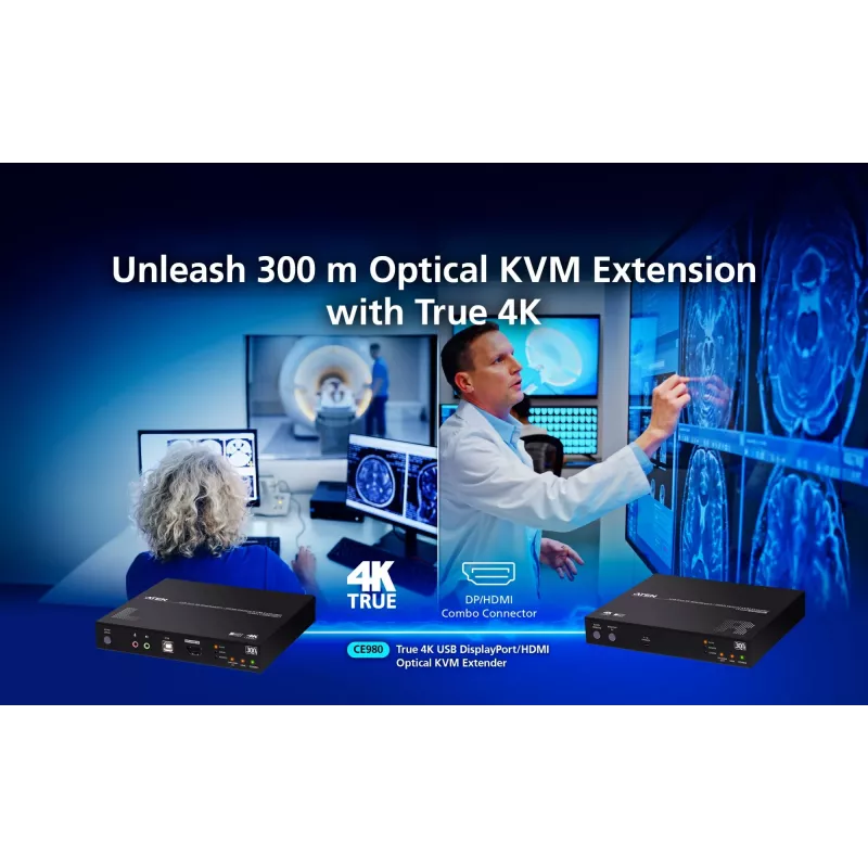 KVM pagarinātājs ATEN True 4K DP/HDMI Optical KVM 300m – raidītājs un uztvērējs, DisplayPort/HDMI, USB, 300 m