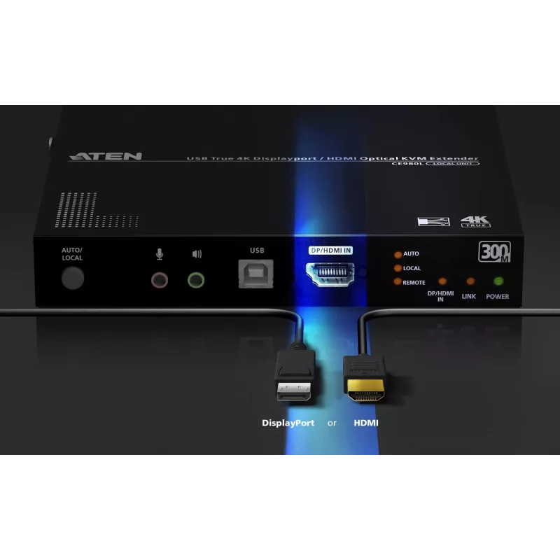 KVM pagarinātājs ATEN True 4K DP/HDMI Optical KVM 300m – raidītājs un uztvērējs, DisplayPort/HDMI, USB, 300 m