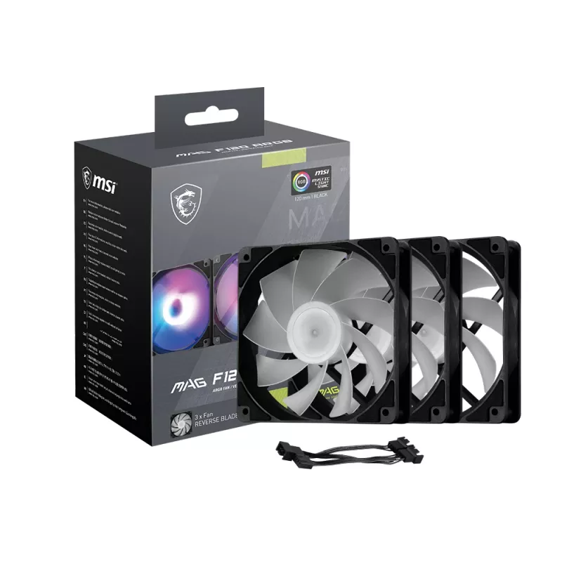 PC korpusa ventilators MSI MAG F120 ARGB x3 — 120 mm, 1300 apgr./min, hidrauliskais gultnis, melns