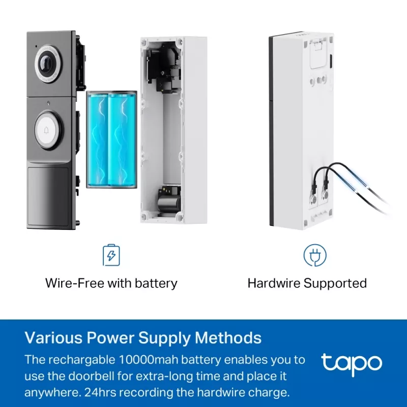 TP-Link Tapo Video Doorbell Camera 1 × D235, 1 × D100C, melna, balta, IP66, 130°, infrasarkanais, sienas, CE, RoHS, RCM,R-NZ,FCC, EAC, Triman, UKCA